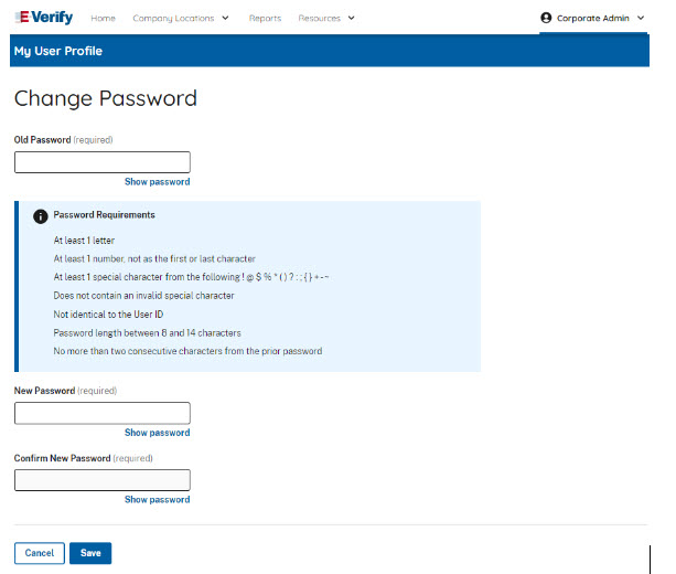 screenshot of change password page