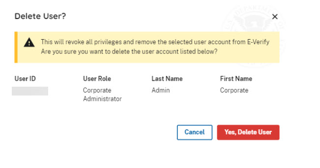 screenshot of the delete user page