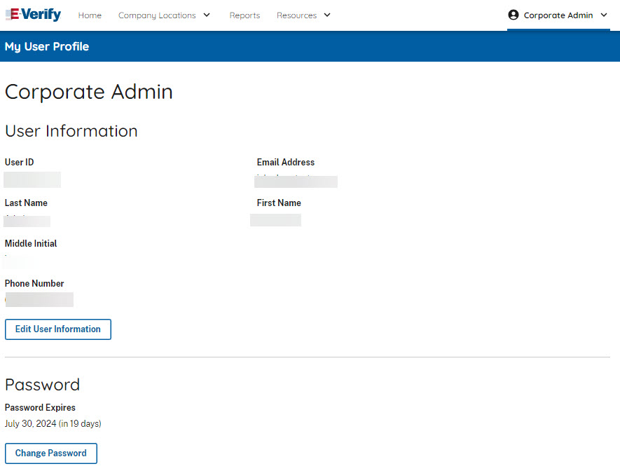 screenshot of the corporate admin user profile page