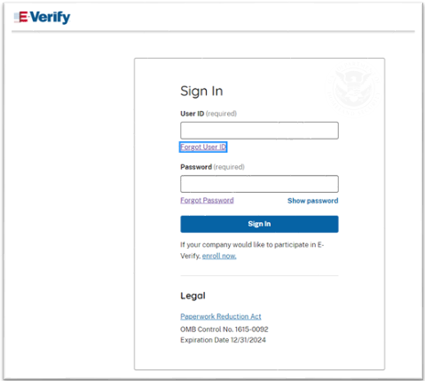 E-Verify Login Page showing "Forgot User ID" link