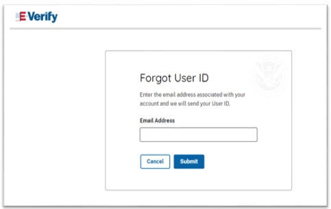 Screen capture of E-Verify "Forgot User ID" page
