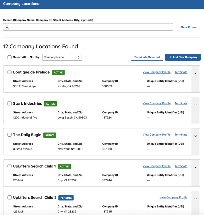 Screenshot of the Company Locations screen after the company information has been entered.