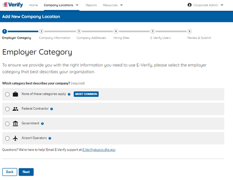 screen capture showing "Which category best describes Company?" Employer Category page