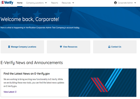 Screen capture of the corporate administrator user web page showing: Home, Company Locations, Reports, Resources