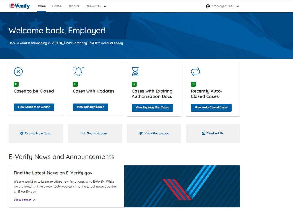 E-Verify Landing Page with employer navigation to cases and announcements.