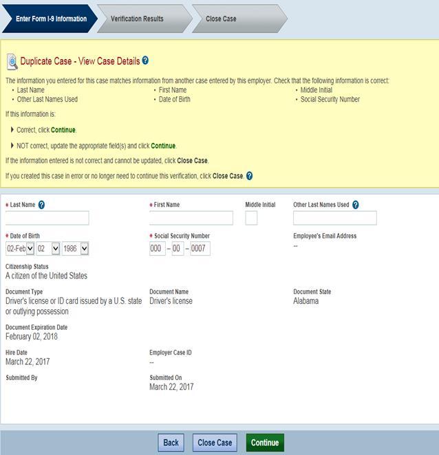 screen capture showing "Enter the employee’s Form I-9 information" Duplicate Case - View Case Details 