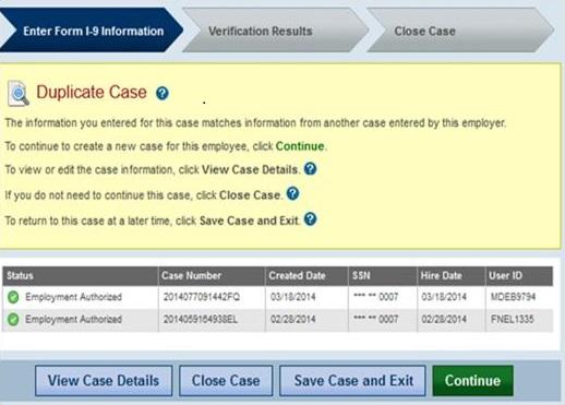 screen capture showing "Enter the employee’s Form I-9 information" Duplicate Case Page