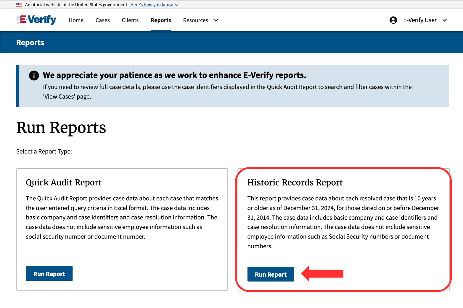 Screenshot of E-Verify Run Reports