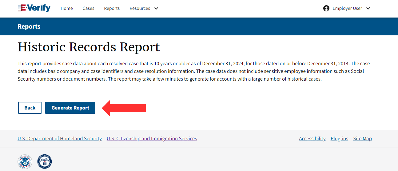 Screenshot of E-Verify Run Reports